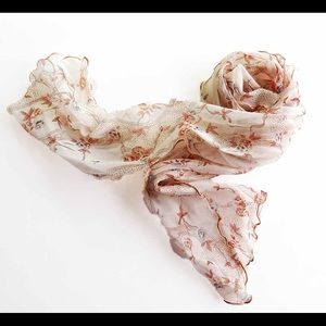 Vintage 80s Rayon Scarf Ivory Tan Blue Floral